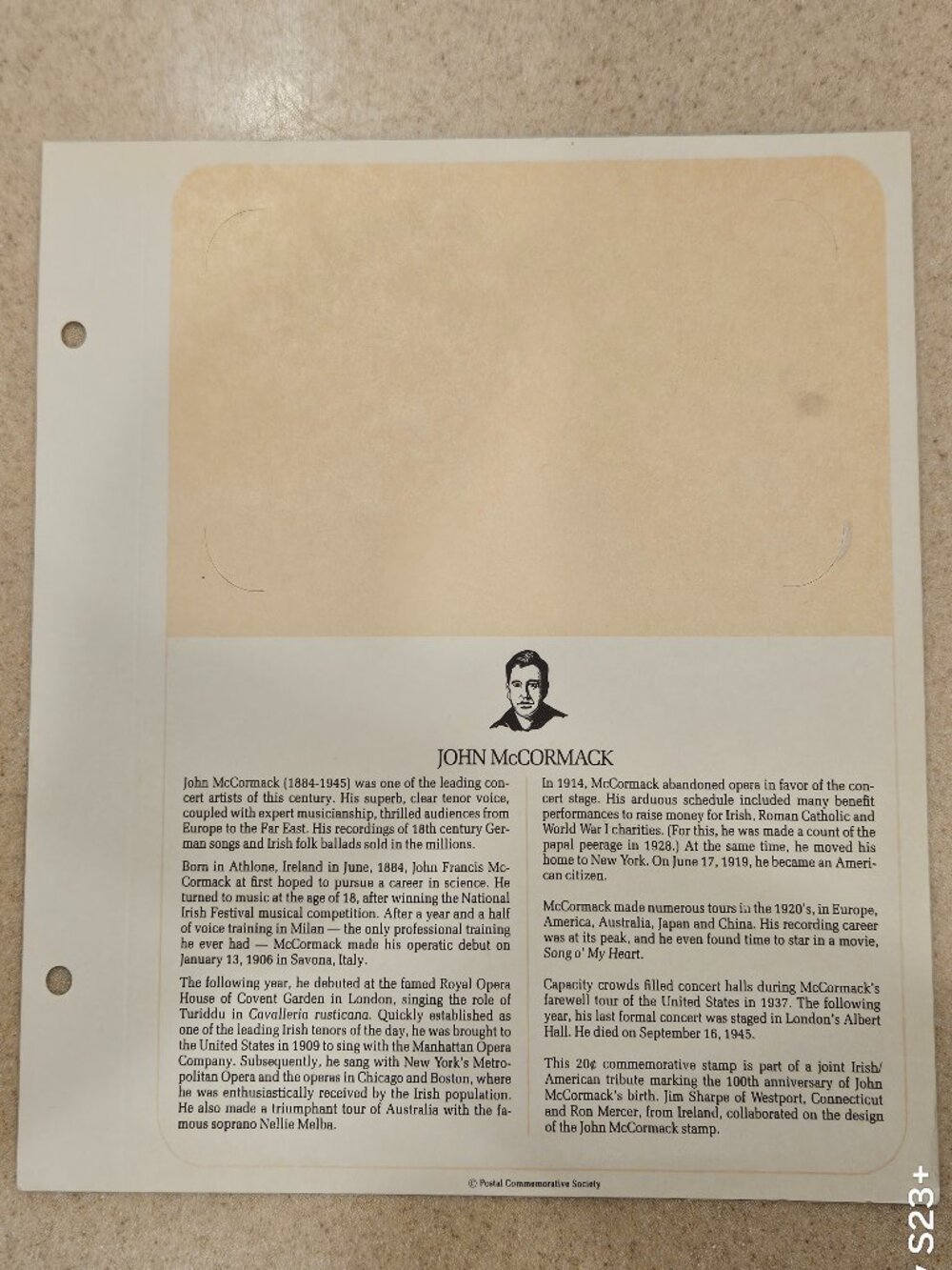 RARE COLLECTIBLE USPS 1ST DAY ISSUE COMMEMORATIVE CARDCOVER JOHN MCCORMACK